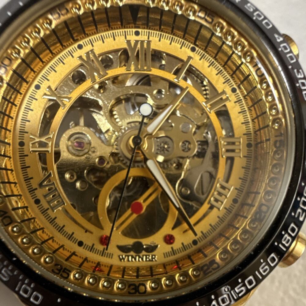 Winner TM432 Men's Wristwatch Gold Skeleton Automatic Tachymeter (B18)